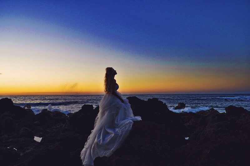 Woman in White Dress — Blue, Serene, Sunset, Photograph, Ocean, Rocks