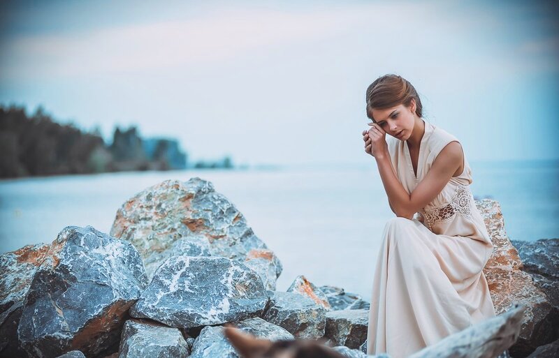 Woman in White Dress — Blue, Serene, Sunset, Photograph, Rocks, Sea