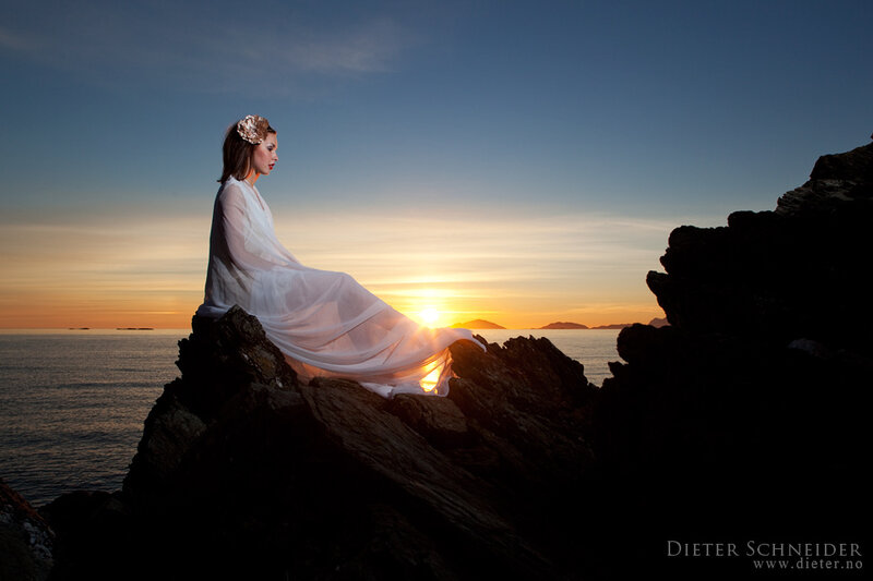 Woman in White Dress — Blue, Serene, Sunset, Photograph