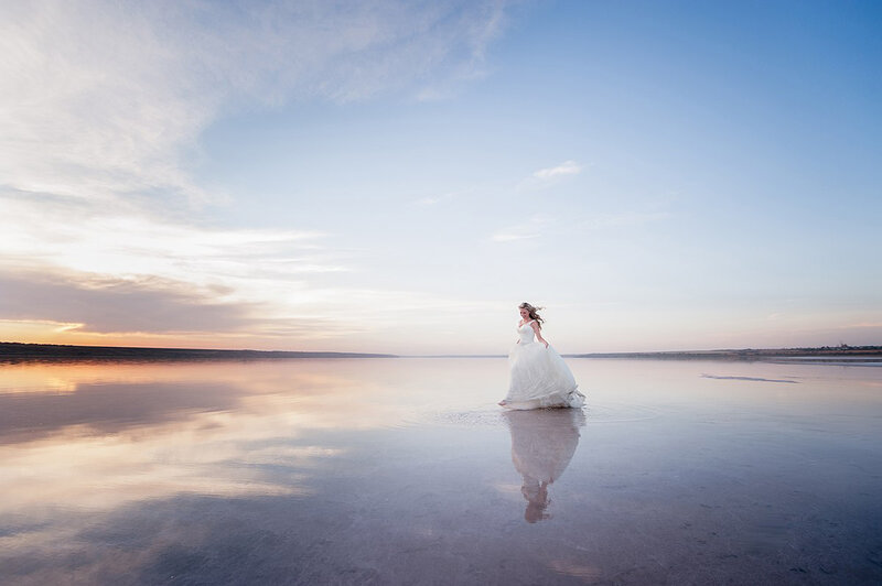 Woman in White Dress — Blue, Serene, Sunset, Photograph, Water