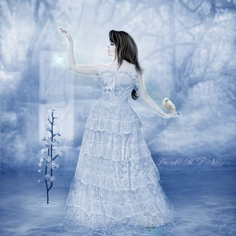 Woman in White Dress — Blue, Serene, Winter, Digital Art
