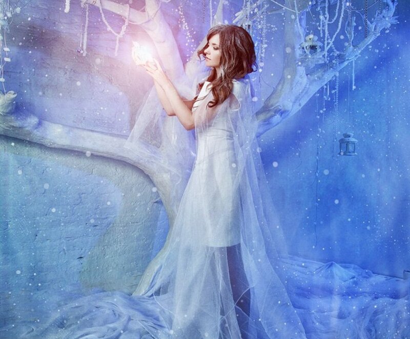Woman in White Dress — Blue, Serene, Winter, Digital Art, Tree