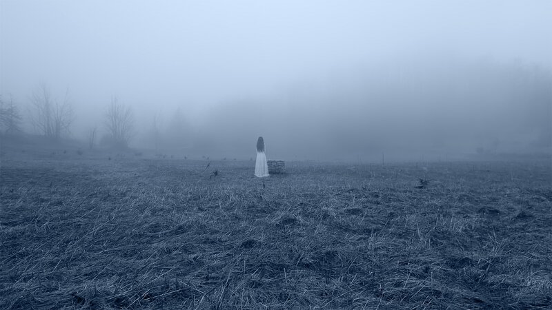 Woman in White Dress — Blue, Somber, Morning