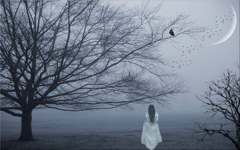 Woman in White Dress — Blue, Somber, Night, Digital Art