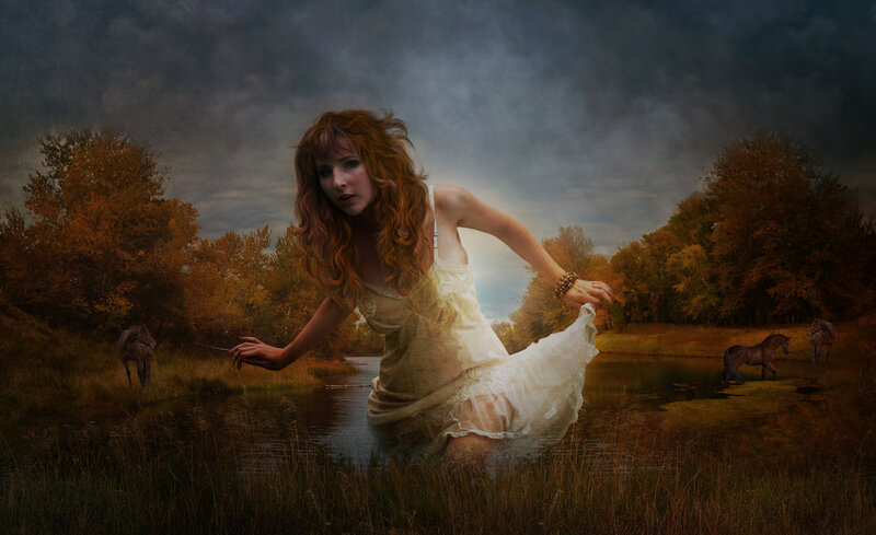 Woman in White Dress — Brown, Dramatic, Autumn, Digital Art