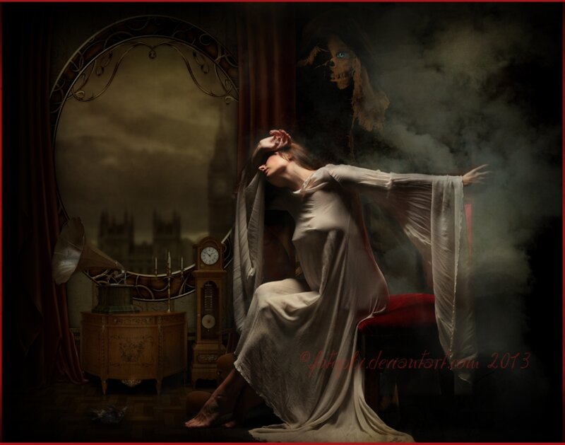 Woman in White Dress — Brown, Dramatic, Night, Digital Art, Skull, Mirror
