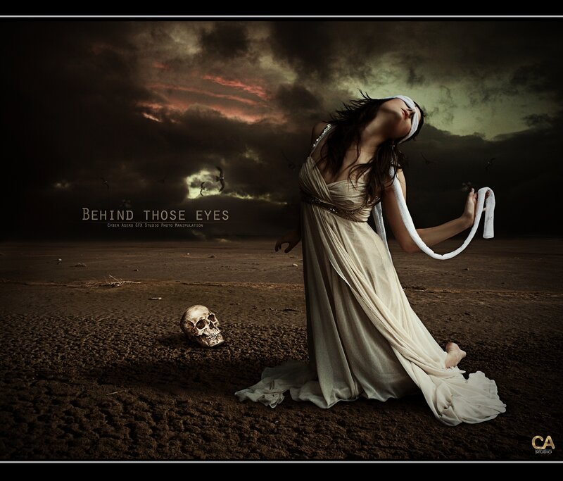 Woman in White Dress — Brown, Dramatic, Night, Digital Art, Skull