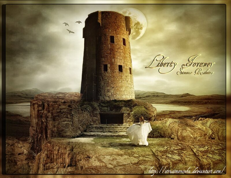 Woman in White Dress — Brown, Dramatic, Night, Digital Art, Tower