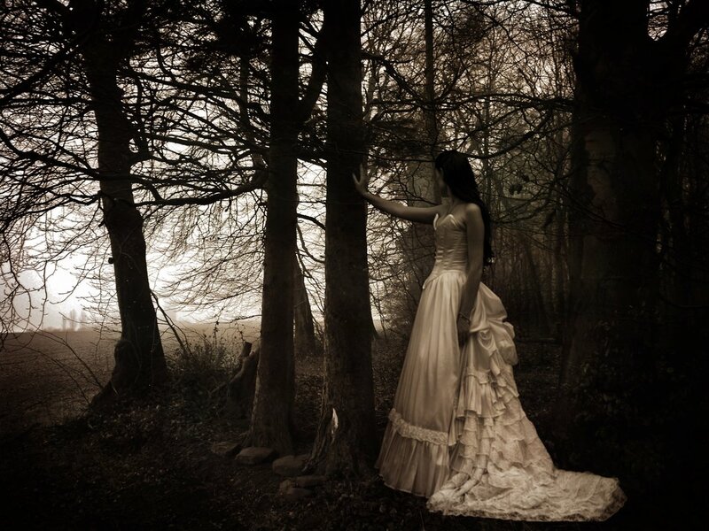 Woman in White Dress — Brown, Dramatic, Night, Photograph