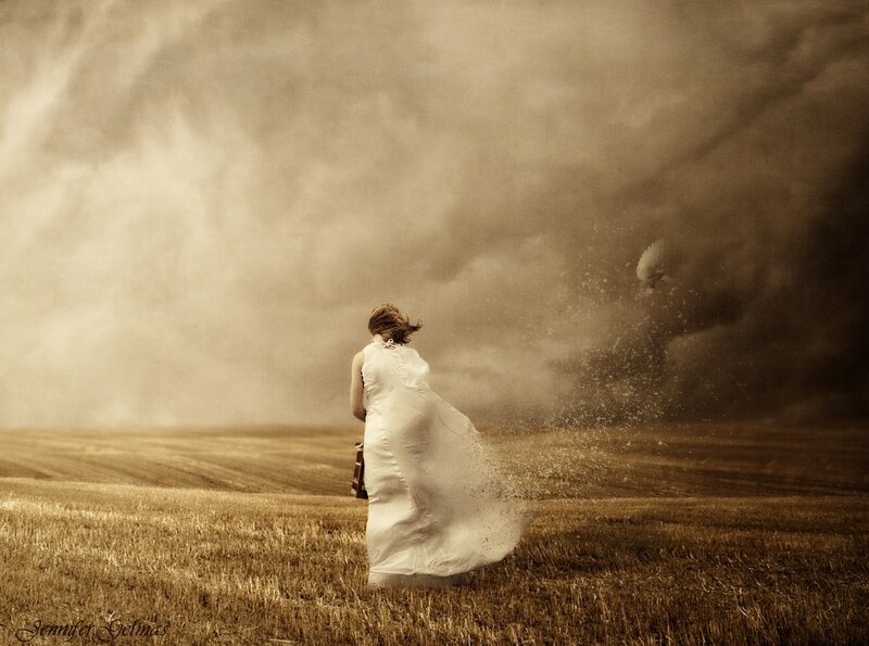 Woman in White Dress — Brown, Dramatic, Photograph, Field