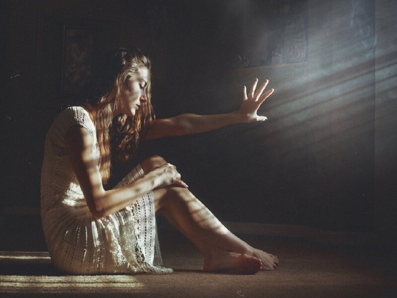 Woman in White Dress — Brown, Dramatic, Photograph, Light Beams