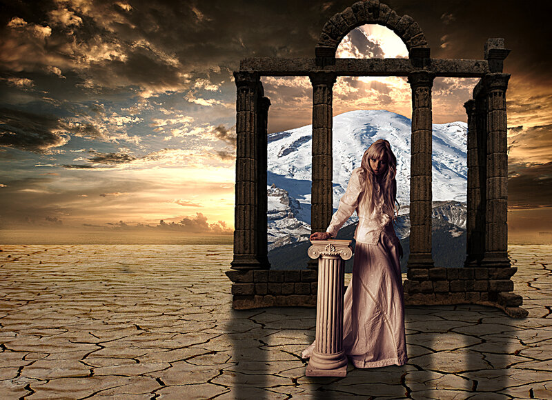 Woman in White Dress — Brown, Dramatic, Sunset, Digital Art, Ancient Arch