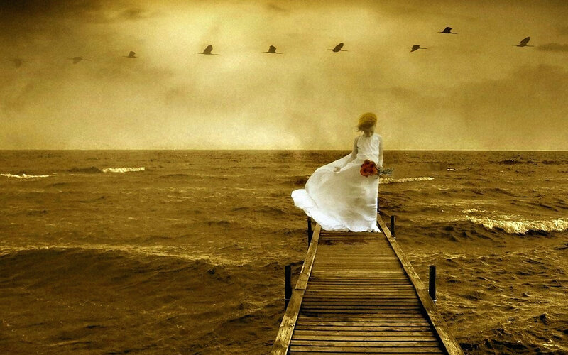 Woman in White Dress — Brown, Dramatic, Sunset, Digital Art, Birds, Dock