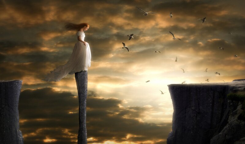 Woman in White Dress — Brown, Dramatic, Sunset, Digital Art, Birds