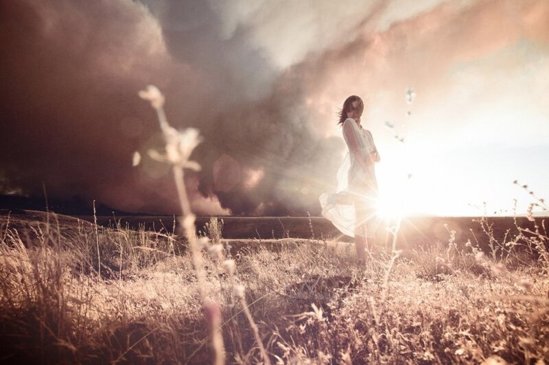 Woman in White Dress — Brown, Dramatic, Sunset, Photograph, Field