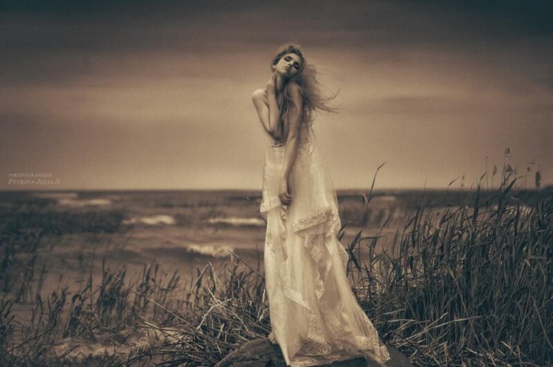 Woman in White Dress — Brown, Dramatic, Sunset