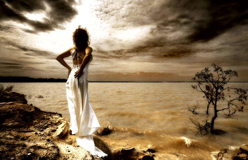 Woman in White Dress — Brown, Dramatic