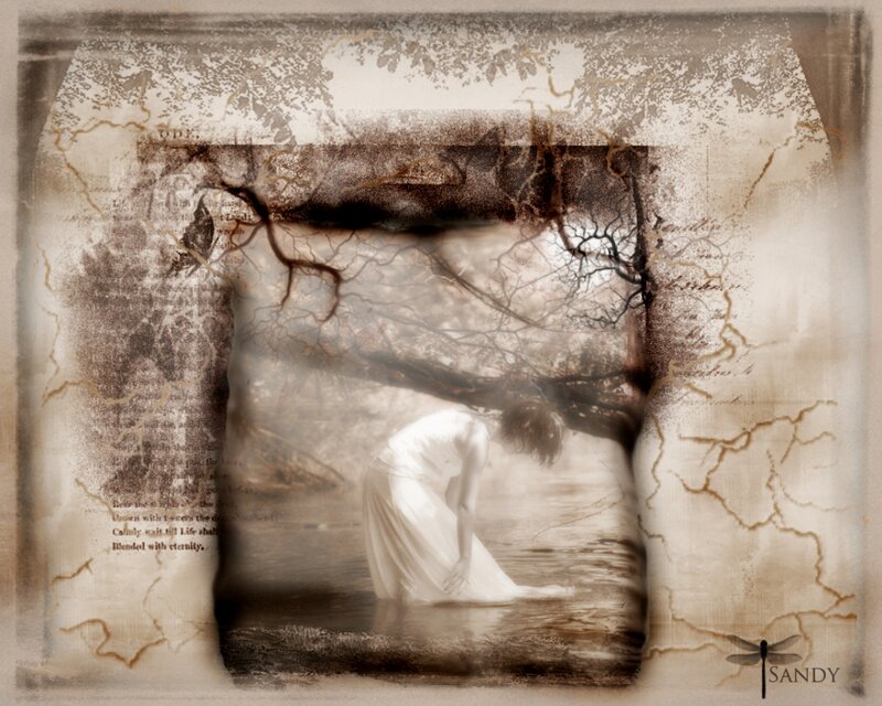 Woman in White Dress — Brown, Melancholic, Digital Art, Tree Branches