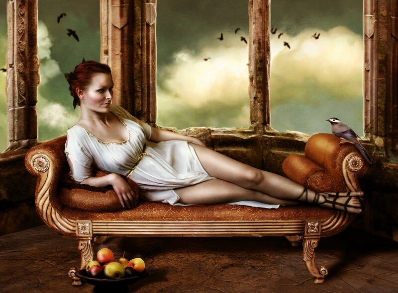 Woman in White Dress — Brown, Serene, Digital Art