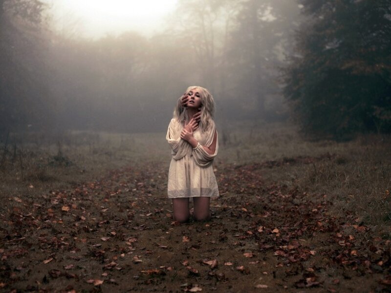 Woman in White Dress — Brown, Somber, Autumn