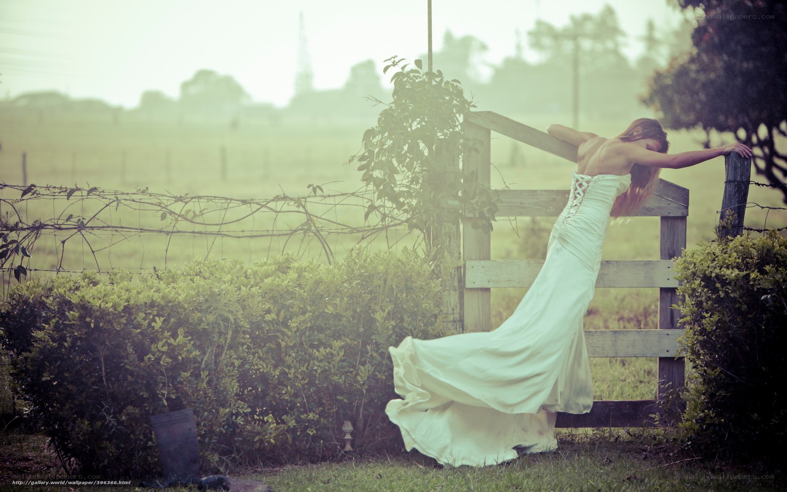 Woman in white dress by fence