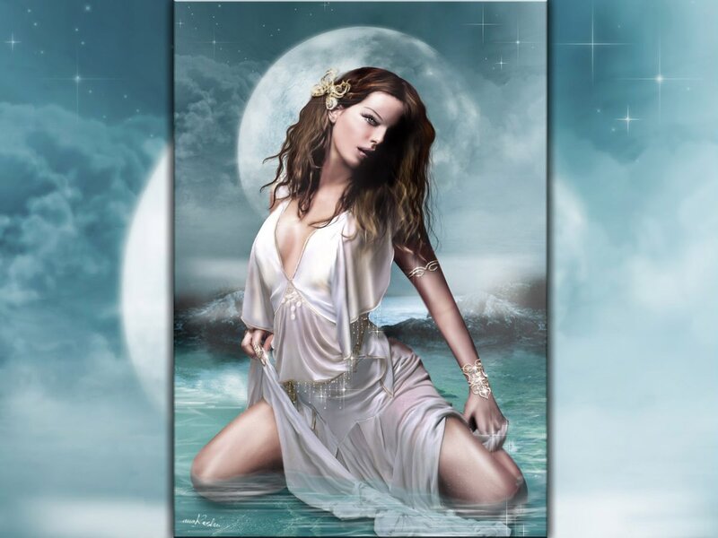 woman in white dress by moonlight