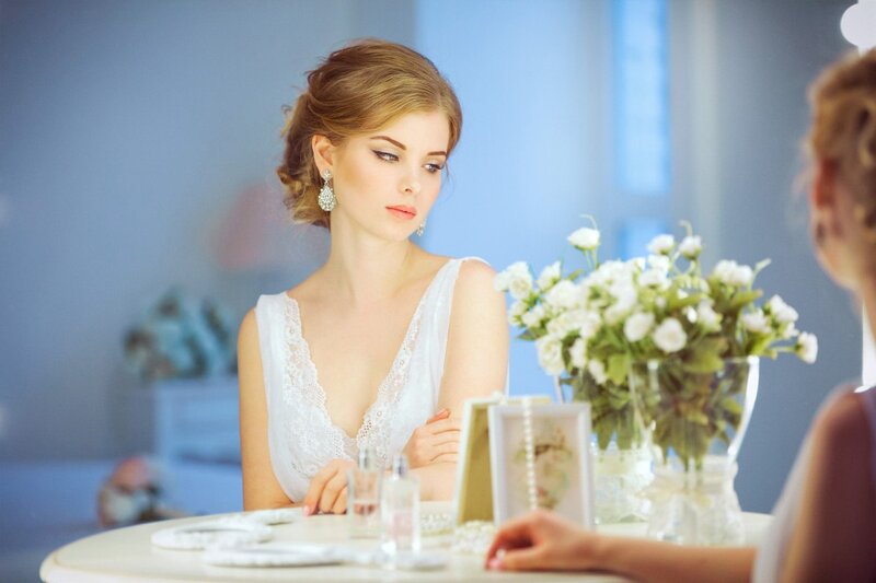Woman in White Dress — Calm, Photograph, Flowers, Table
