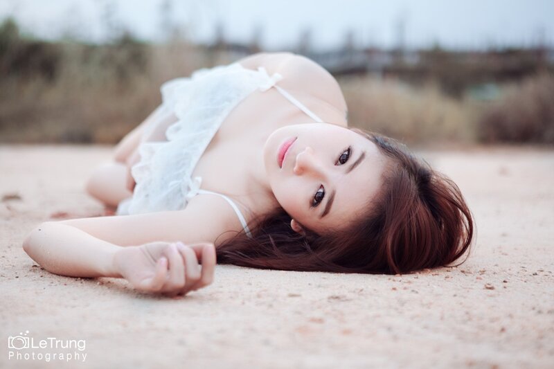 Woman in White Dress — Calm, Photograph, Sand