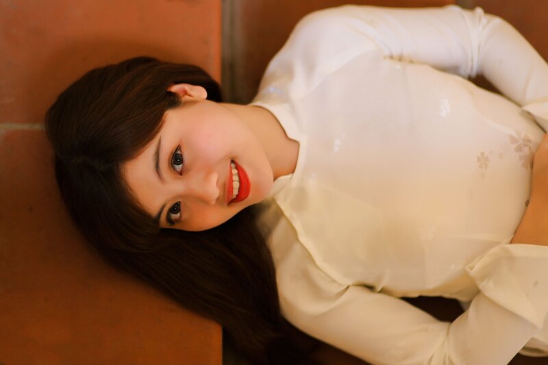Woman in White Dress — Calm, Photograph, Wall, Smile