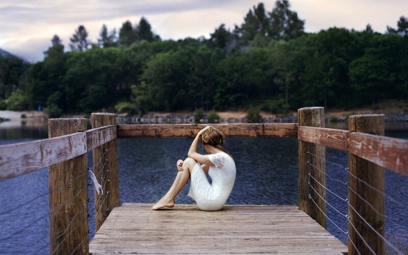 Woman in White Dress — Calm, Sunset, Photograph