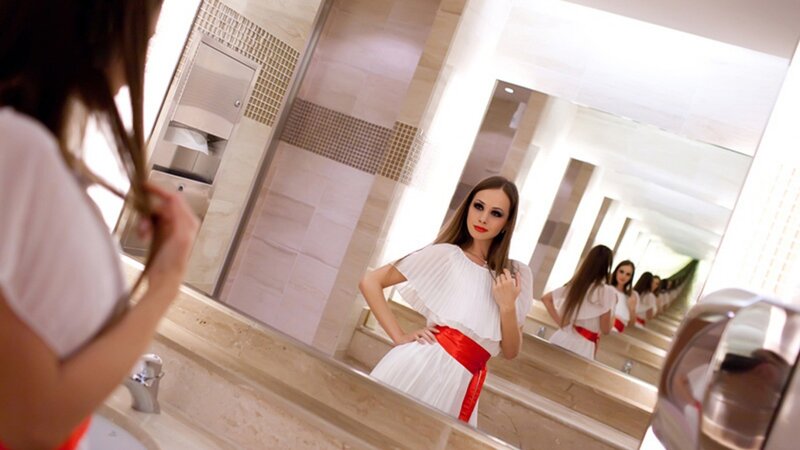 Woman in White Dress — Confident, Photograph, Mirror, Sink