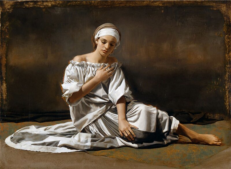 Woman in White Dress — Contemplative, Painting, Headscarf