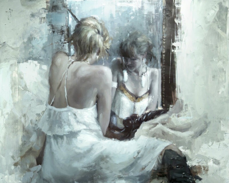 Woman in White Dress — Contemplative, Painting, Mirror