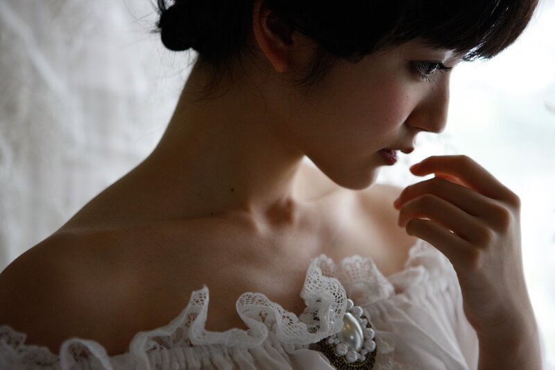 Woman in White Dress — Contemplative, Photograph, Lace