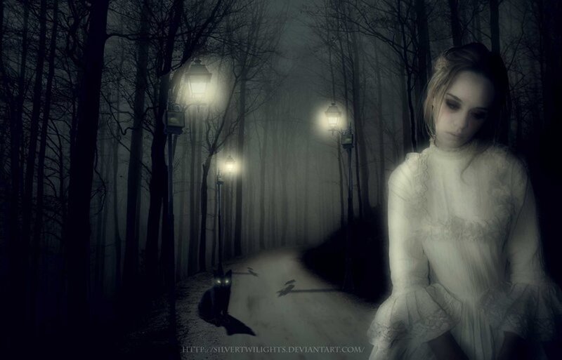 Woman in White Dress — Dark, Night, Digital Art, Cat