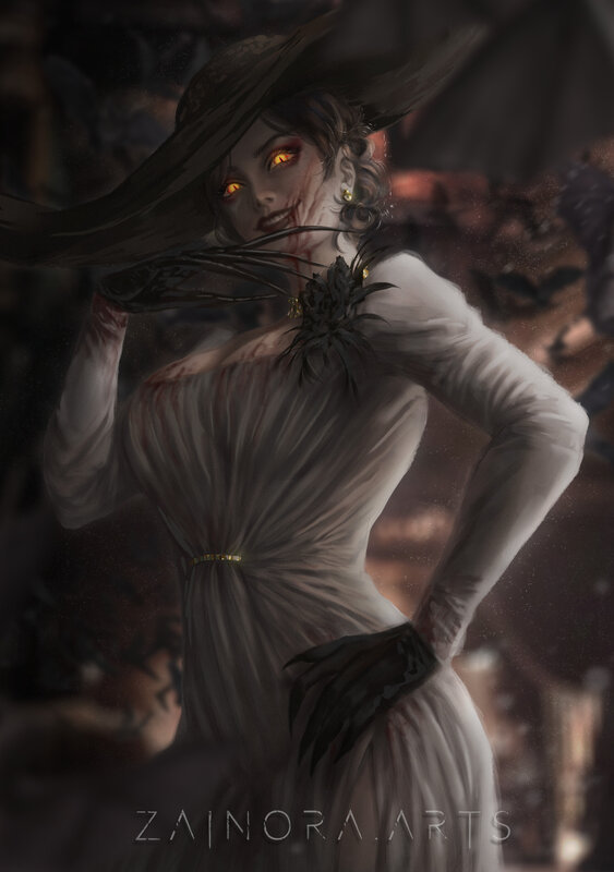 Woman in White Dress — Dark, Night, Digital Art, Hat