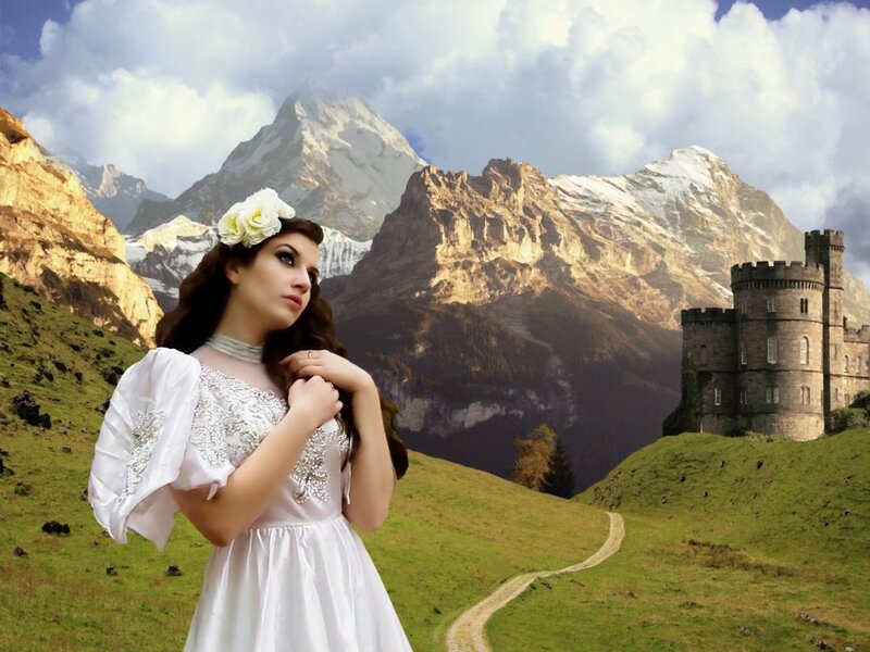 Woman in White Dress — Dramatic, Afternoon, Digital Art, Castle