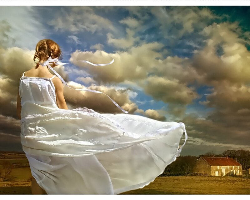 Woman in White Dress — Dramatic, Afternoon, Digital Art, Clouds, Farmhouse