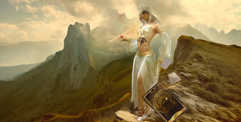 Woman in White Dress — Dramatic, Afternoon, Digital Art, Mountains, Magic