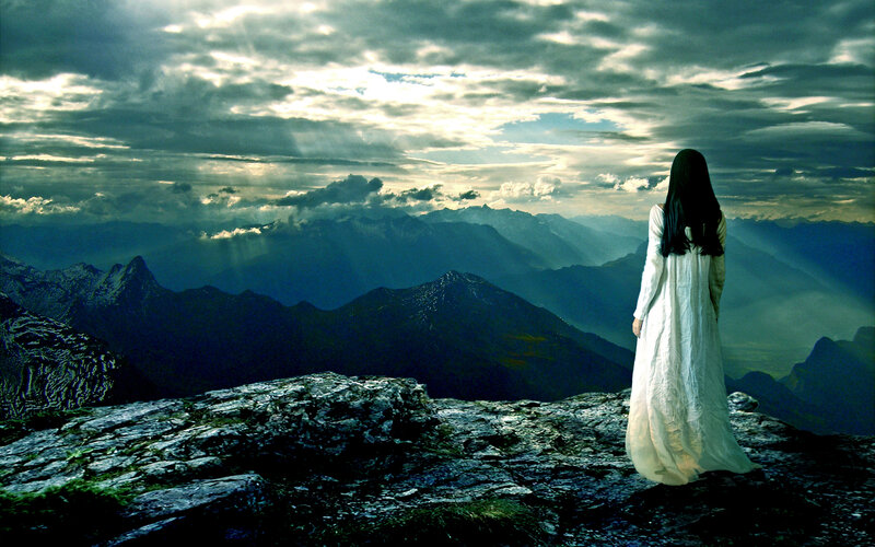 Woman in White Dress — Dramatic, Afternoon, Digital Art, Mountains