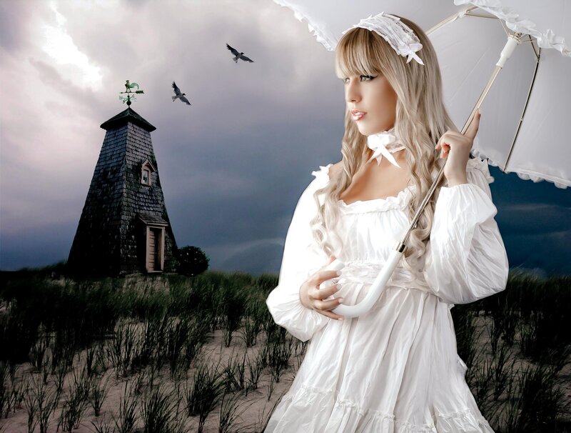 Woman in White Dress — Dramatic, Afternoon, Digital Art, Umbrella