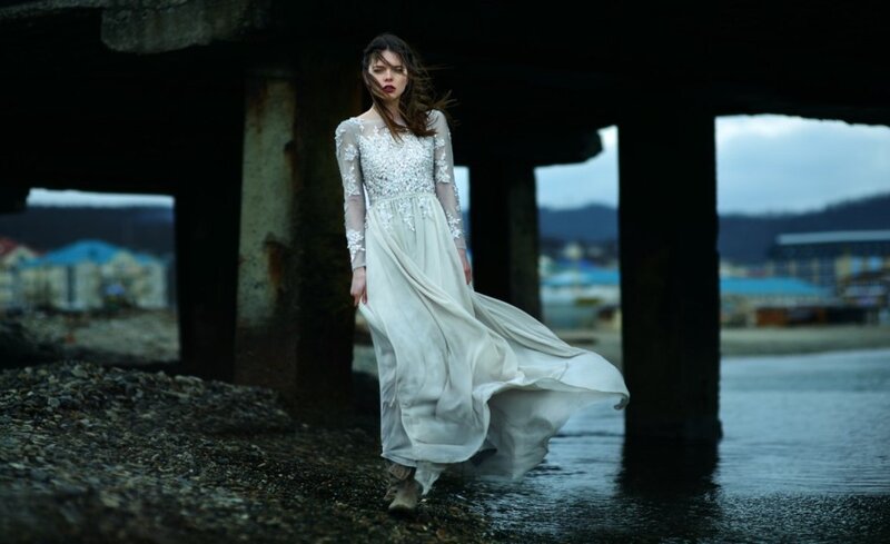 Woman in White Dress — Dramatic, Afternoon, Photograph, Bridge