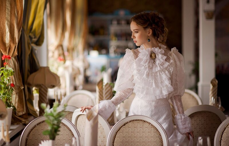Woman in White Dress — Dramatic, Afternoon, Photograph, Chairs