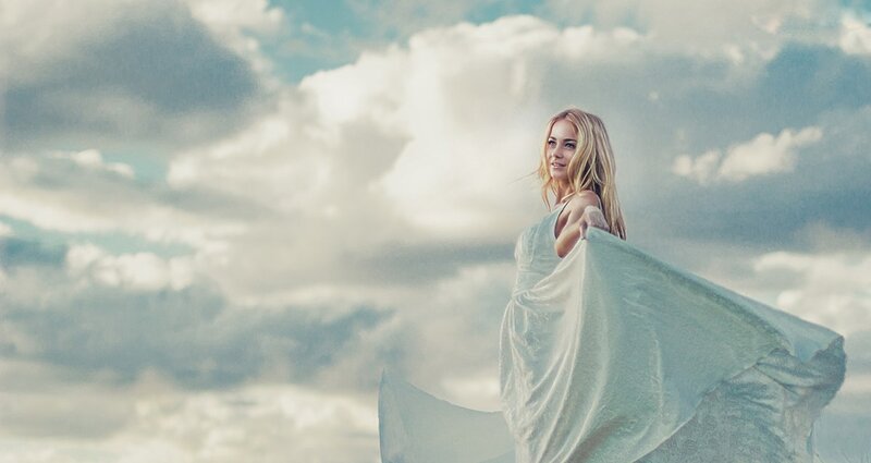 Woman in White Dress — Dramatic, Afternoon, Photograph, Clouds, Sky