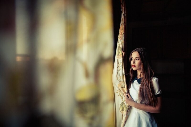 Woman in White Dress — Dramatic, Afternoon, Photograph, Curtain