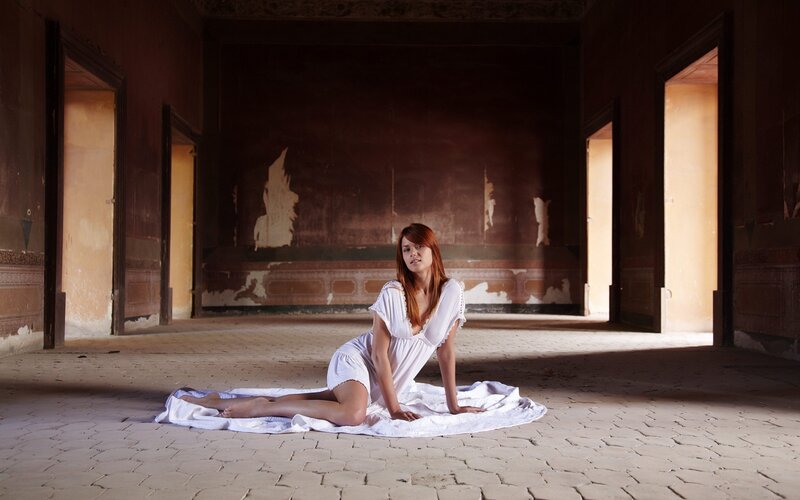 Woman in White Dress — Dramatic, Afternoon, Photograph, Floor