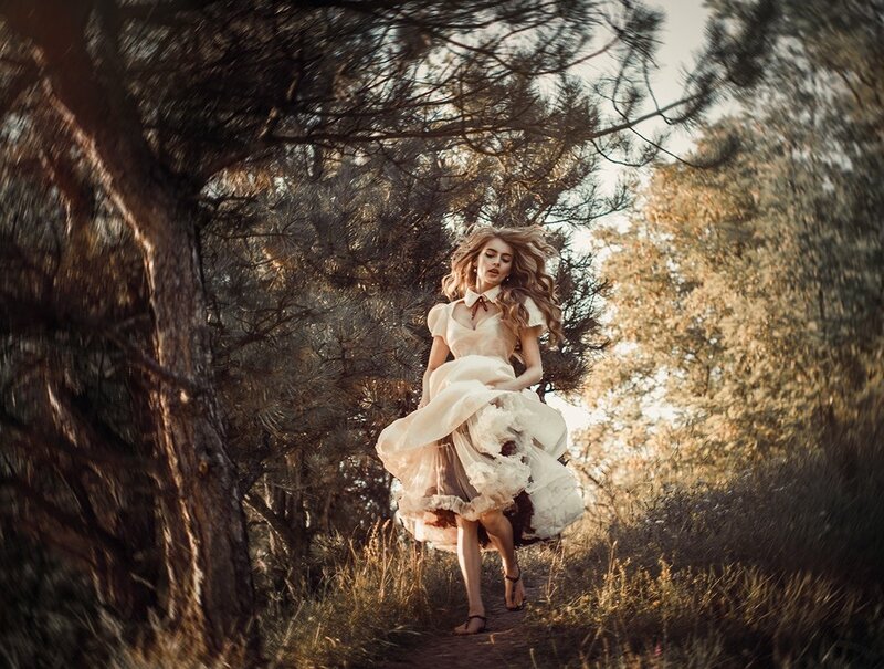 Woman in White Dress — Dramatic, Afternoon, Photograph, Forest, Tree
