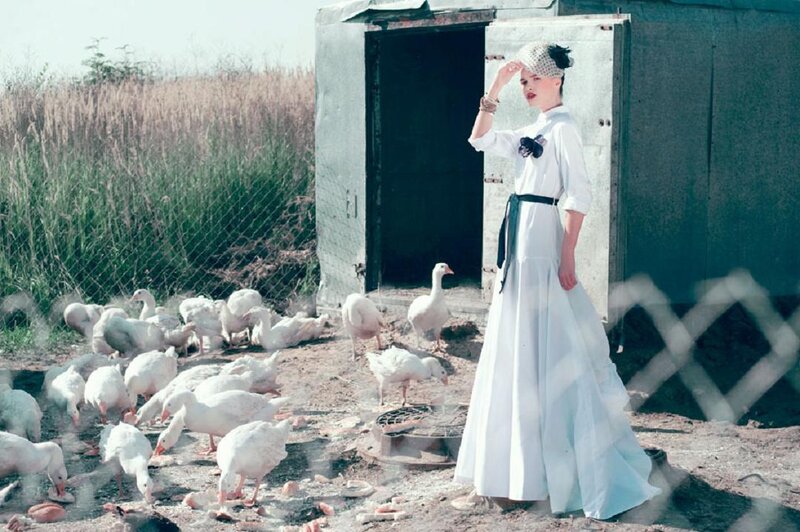 Woman in White Dress — Dramatic, Afternoon, Photograph, Geese