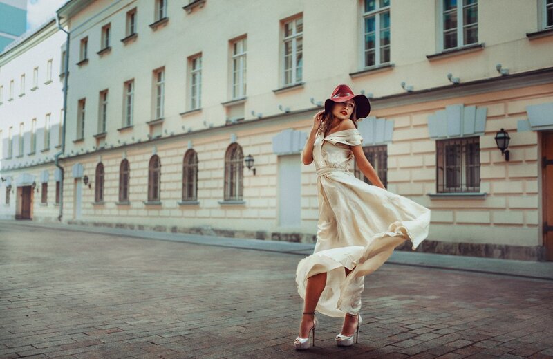 Woman in White Dress — Dramatic, Afternoon, Photograph, Hat