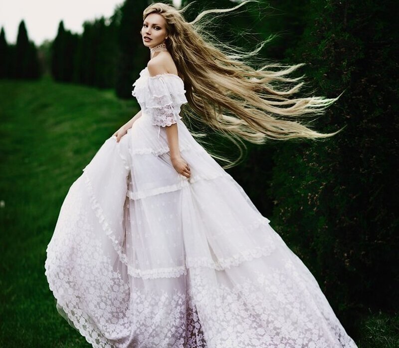 Woman in White Dress — Dramatic, Afternoon, Photograph, Long Hair, Green Grass